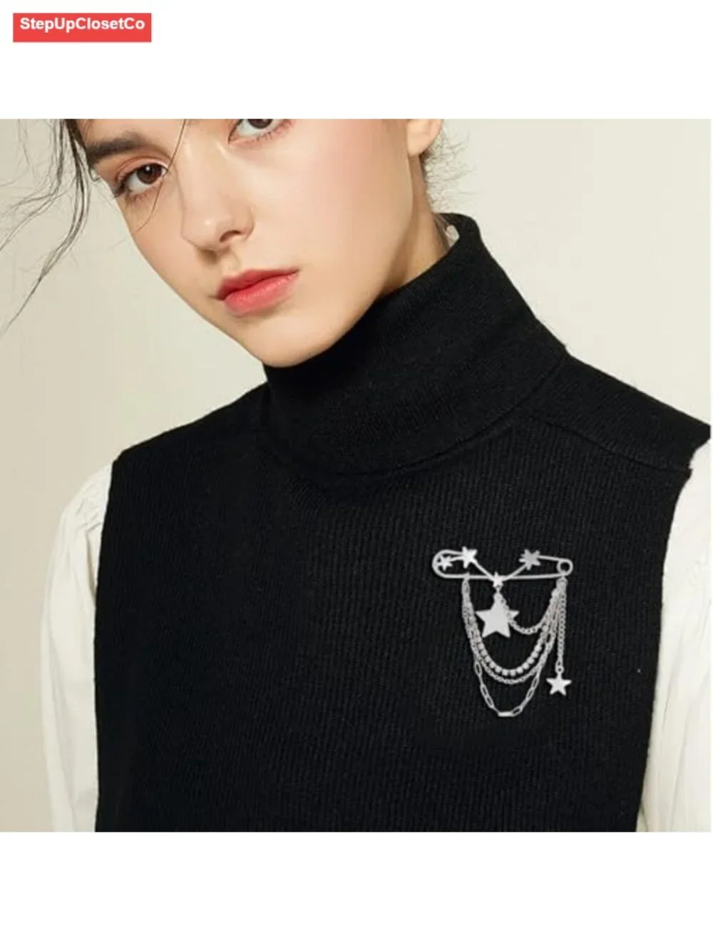 Y2K Star Tassel Rhinestone Brooch Pin for Women, Sweater Shawl Clip, Alloy